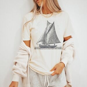 Sailing Vessel Starry Night Graphic Tee Nautical Engraving Art